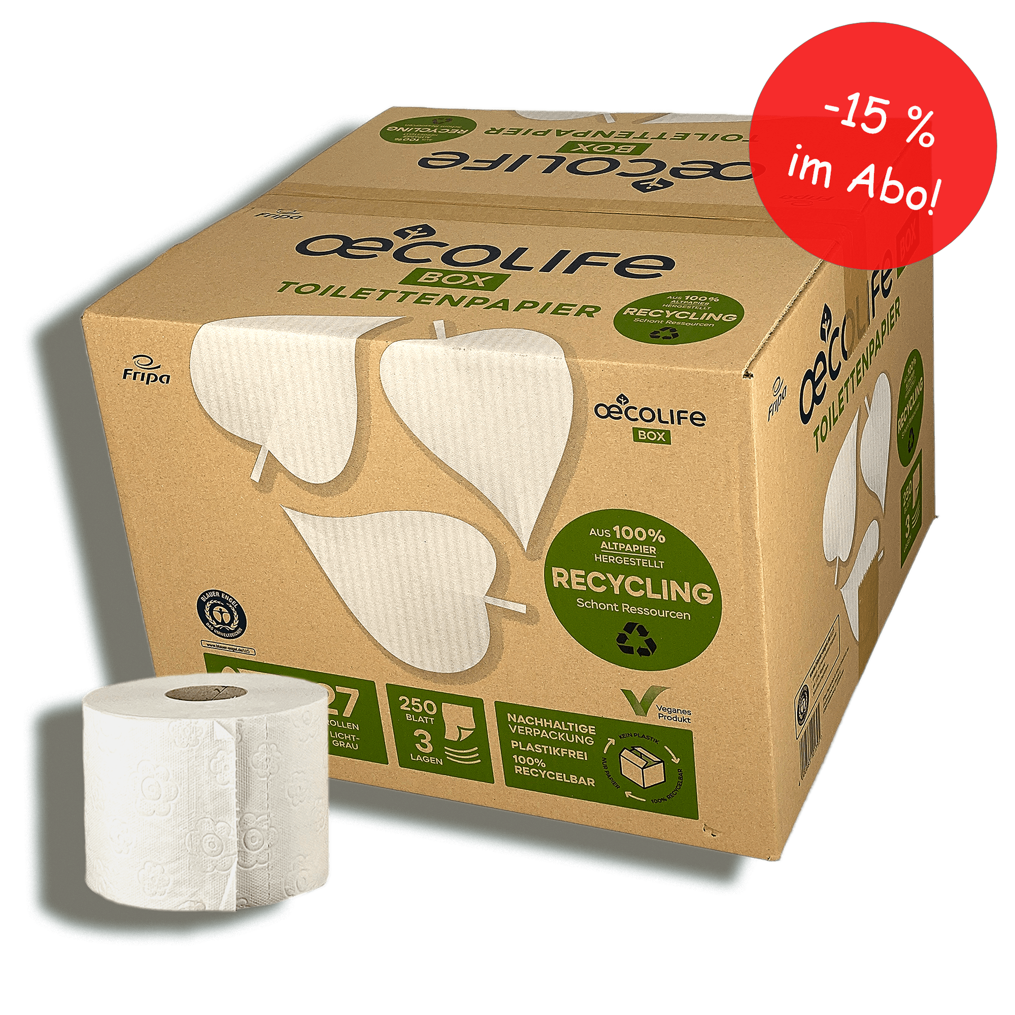 Toilettenpapier Box Recycling (Made in Germany / 27 Rollen à 250 Blatt)