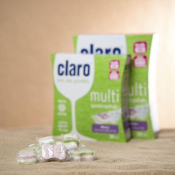 Stimmungsvolle Aufnahme der Geschirrspültabs von Claro